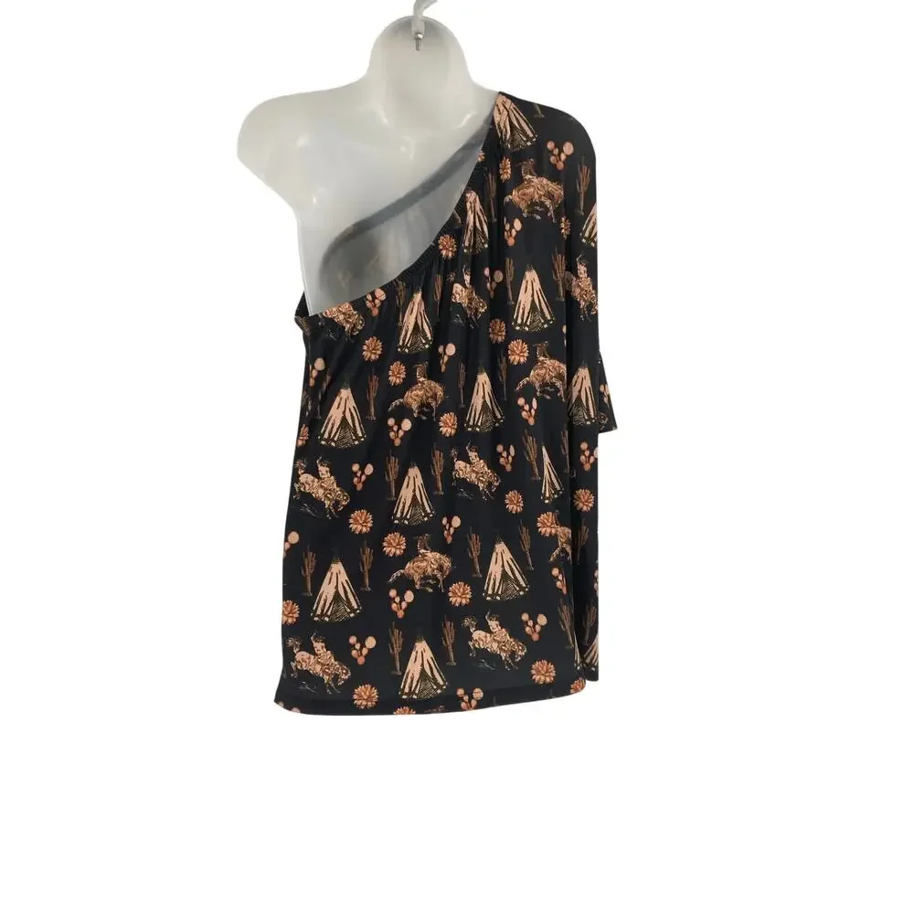 Sterling Kreek Not My First Rodeo Western Print One Shoulder Blouse Women’s 2X - Picture 3 of 9